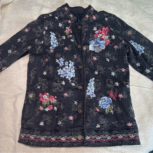 Denim&Co Dark Jean Jacket with Colorful Embroidery - Picture 2 of 12